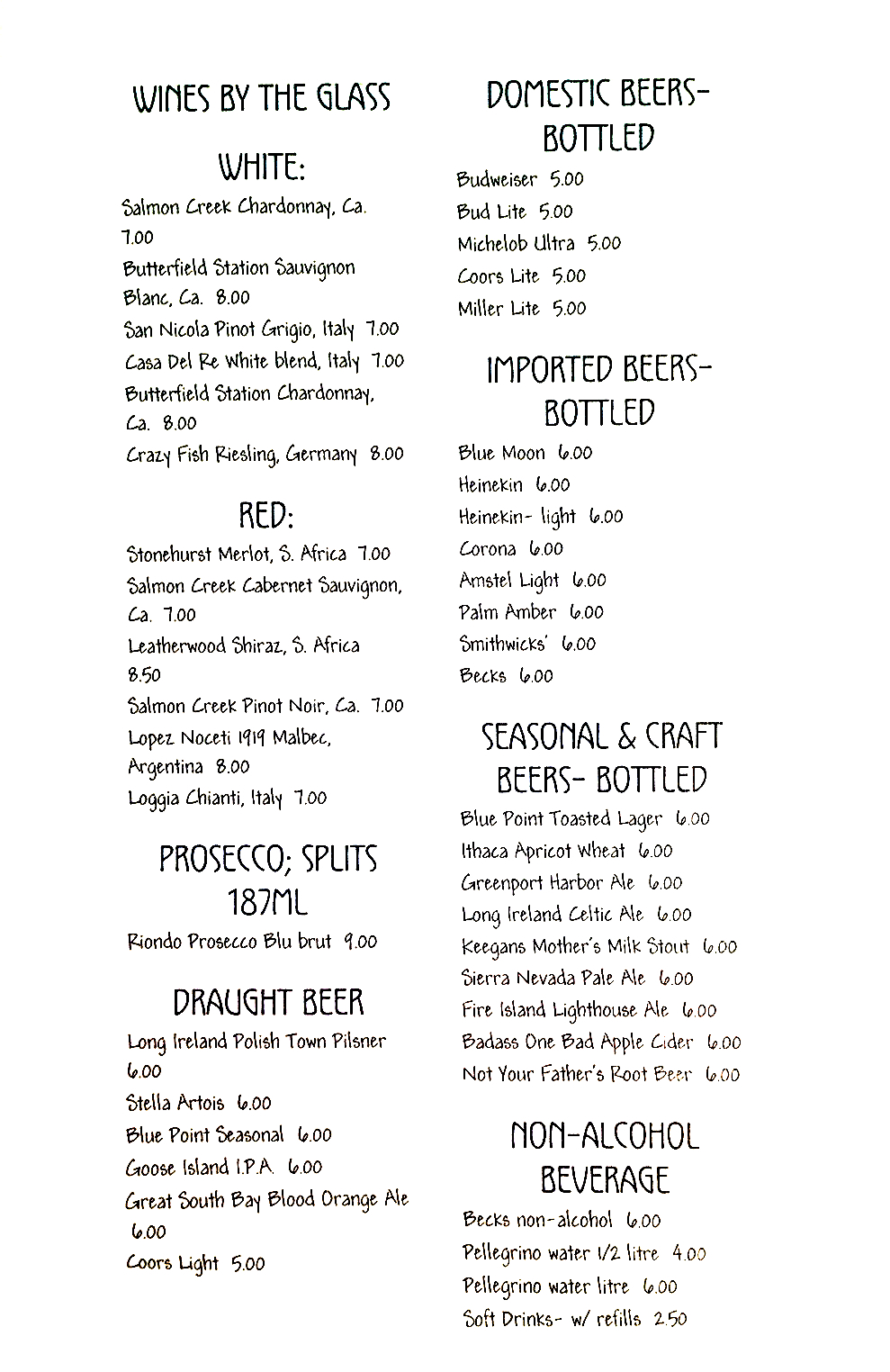 Pulaski Street Drinks Menu